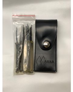 A 17-piece professional lockpicking kit displayed in a leather case, showcasing various tools for locksmith training.
