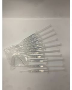 A moldable tray with ten syringes and with instructions, part of the Asar Professional Teeth Whitening Kit for at-home use.